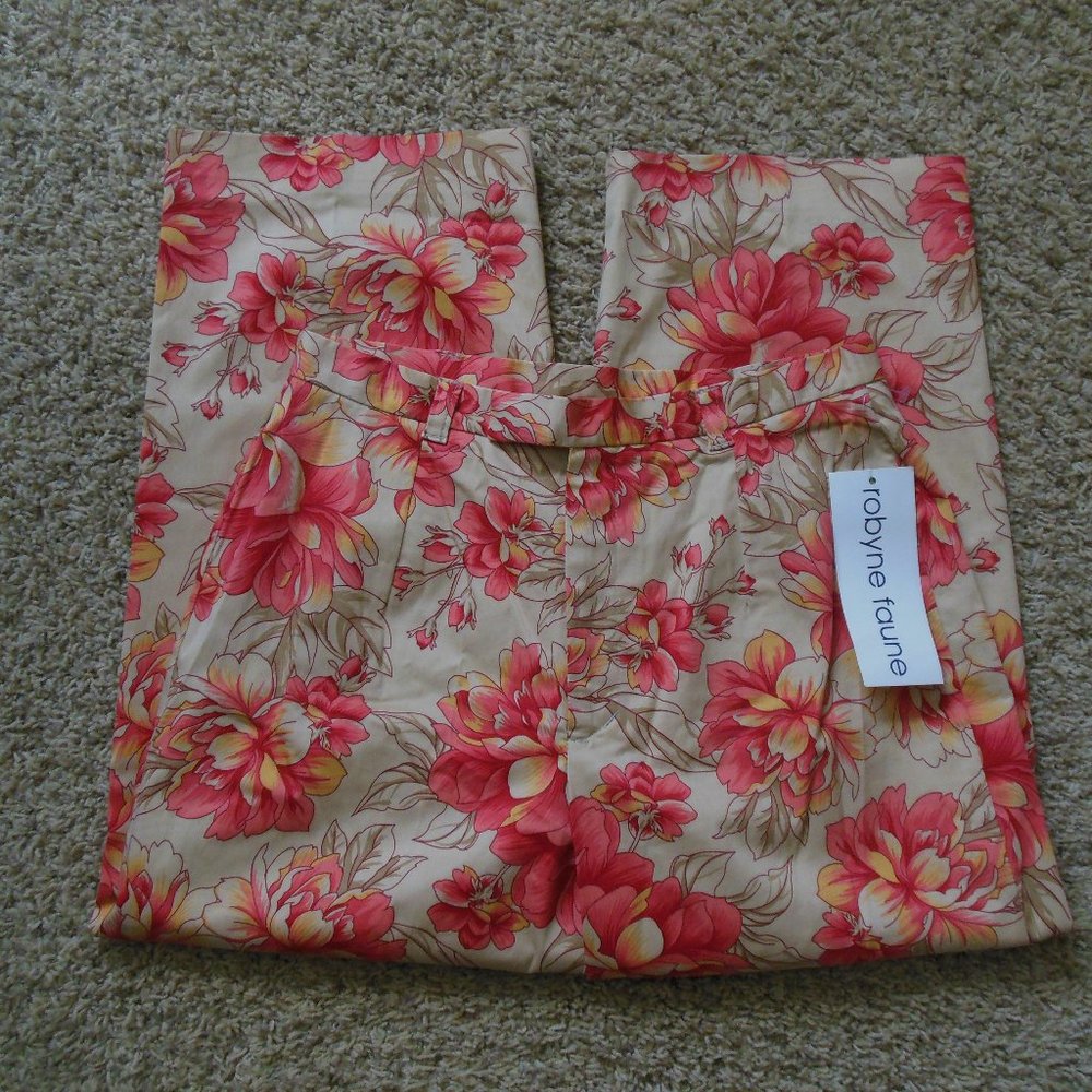 NWT Robyne Faune 8 Beige Tan Red Floral Crop Capri Pants Stretch Cotton
